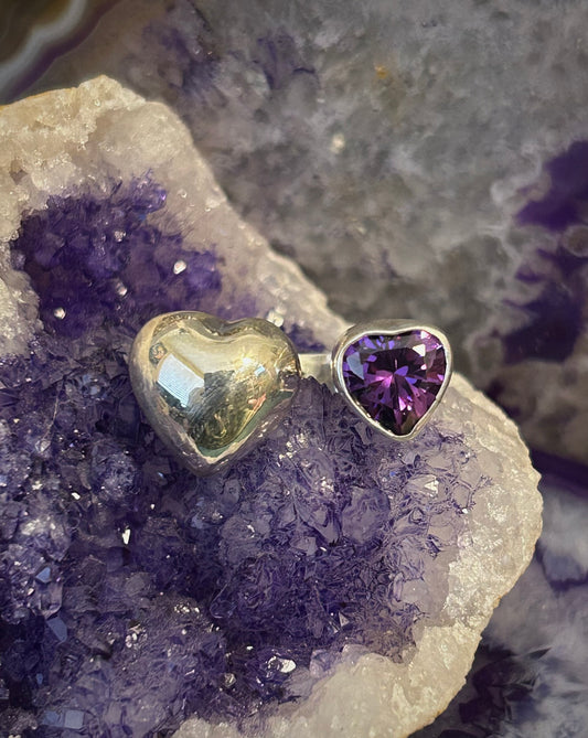 Sterling Silver Modern Taxco Mexico Purple Zircon & Puffy Heart Bypass Ring • 7-8.5