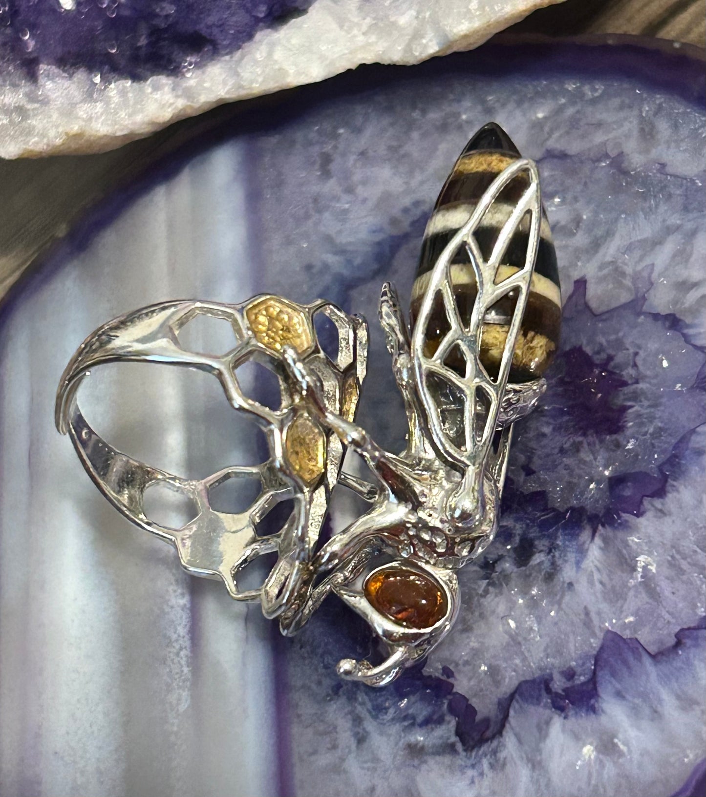 Sterling Silver & Genuine Amber Large Bee Adjustable Ring