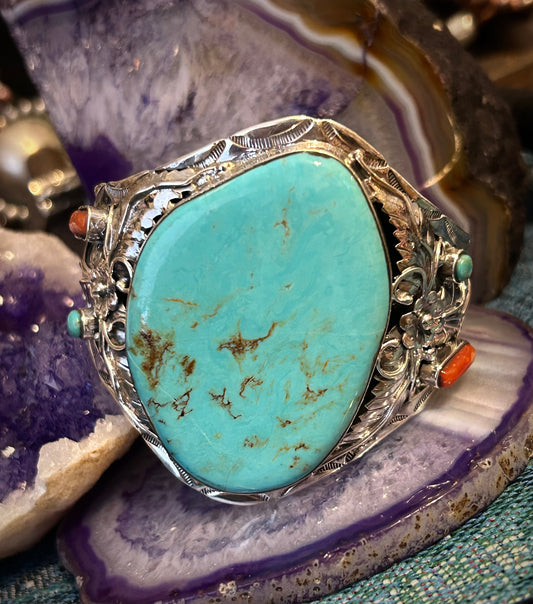 Sterling Silver Southwestern Large Turquoise & Coral Statement Cuff Bracelet