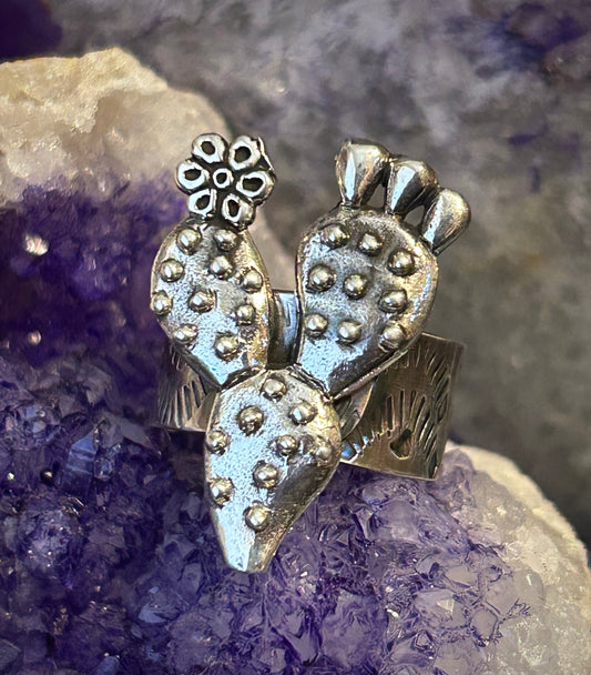 Sterling Silver Taxco Mexico Flower Cactus Adjustable Ring