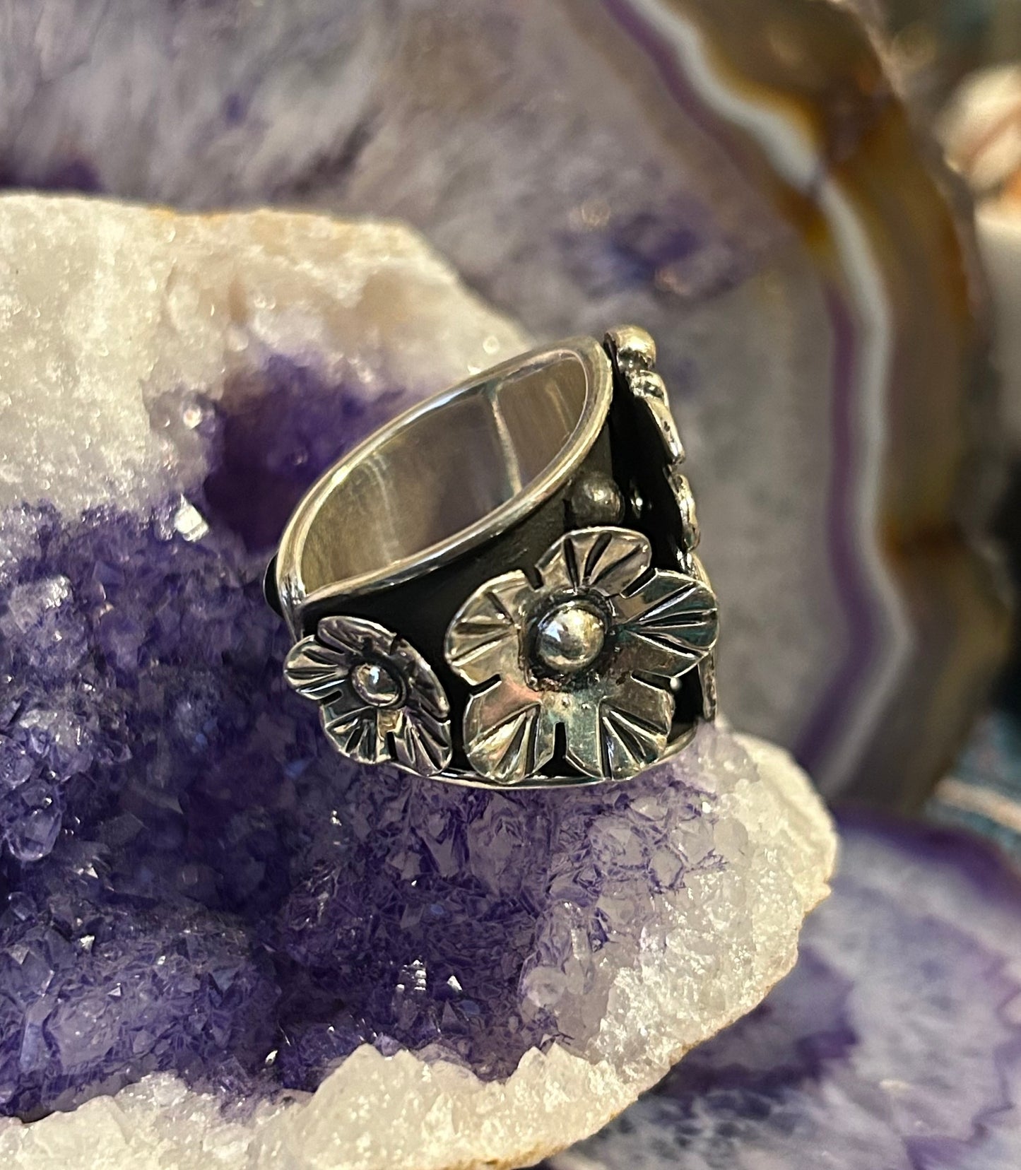 Sterling Silver Taxco Mexico Heart And Flower Wide Band Ring Size 6.75-8