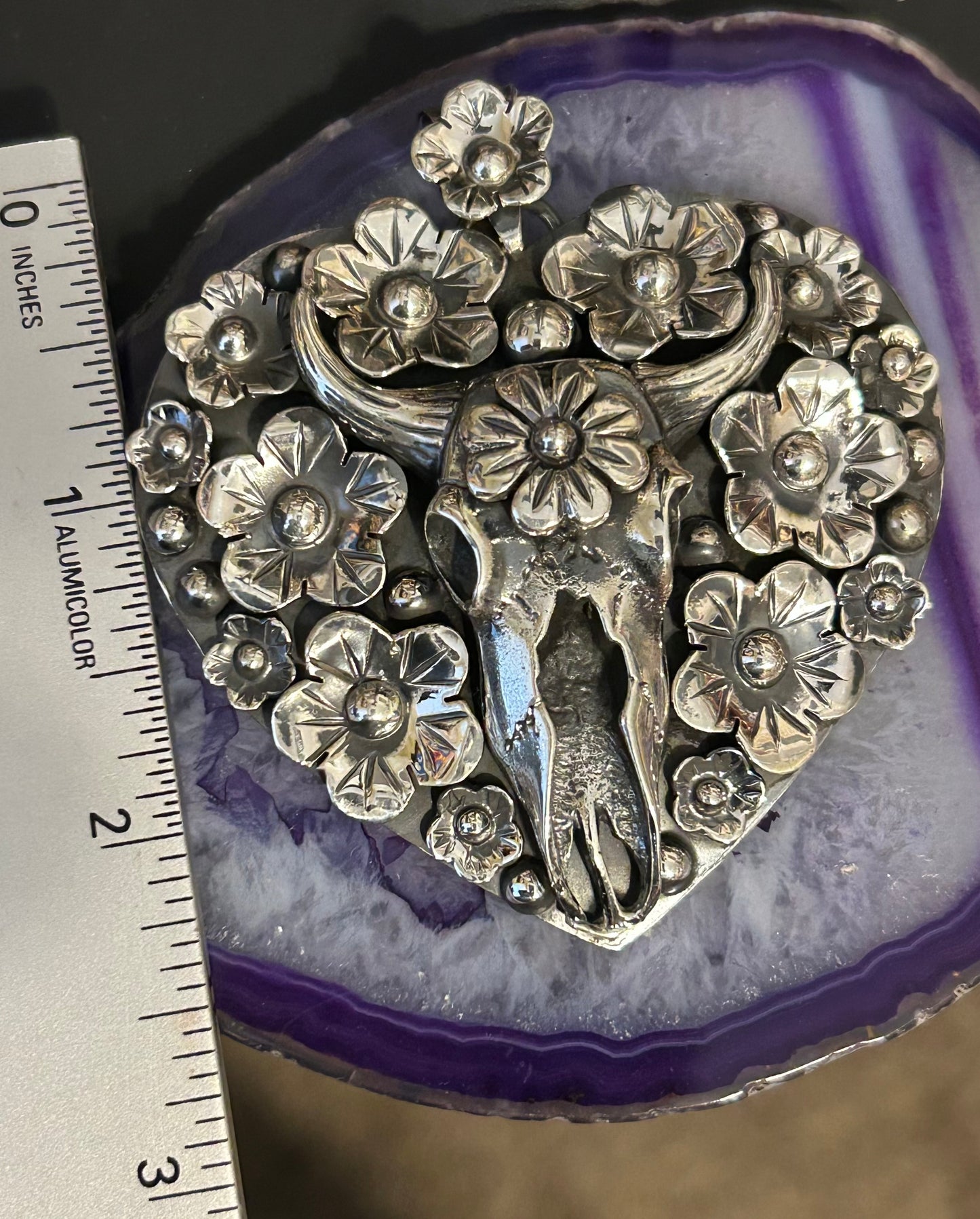 Sterling Silver Taxco Bull Skull w/ Flowers Statement Heart Pendant