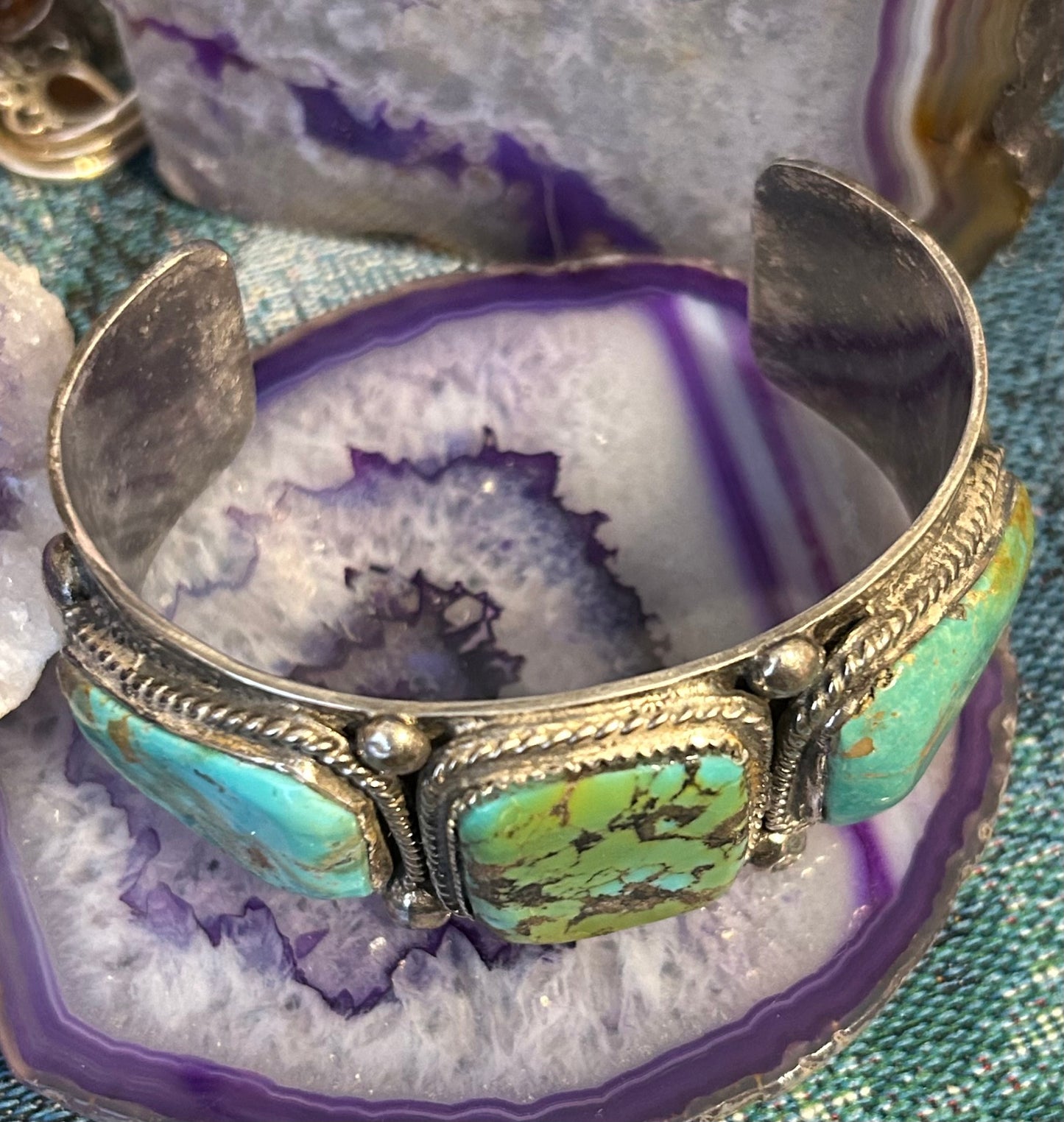 Vintage Sterling Silver Triple Stone Turquoise Statement Cuff Bracelet
