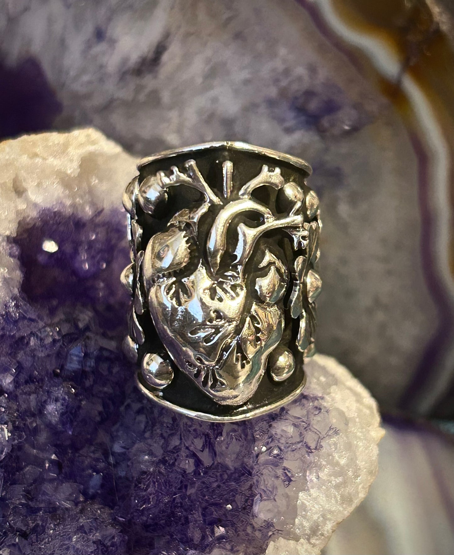 Sterling Silver Taxco Mexico Anatomical Heart & Flowers Statement Ring Size 5-7