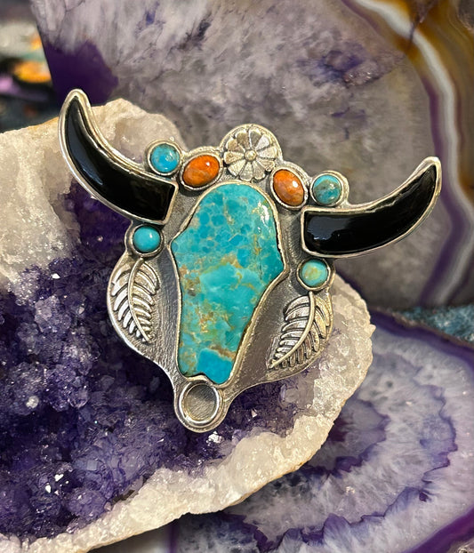 Sterling Silver Turquoise Multistone Longhorn Bull Adjustable Ring