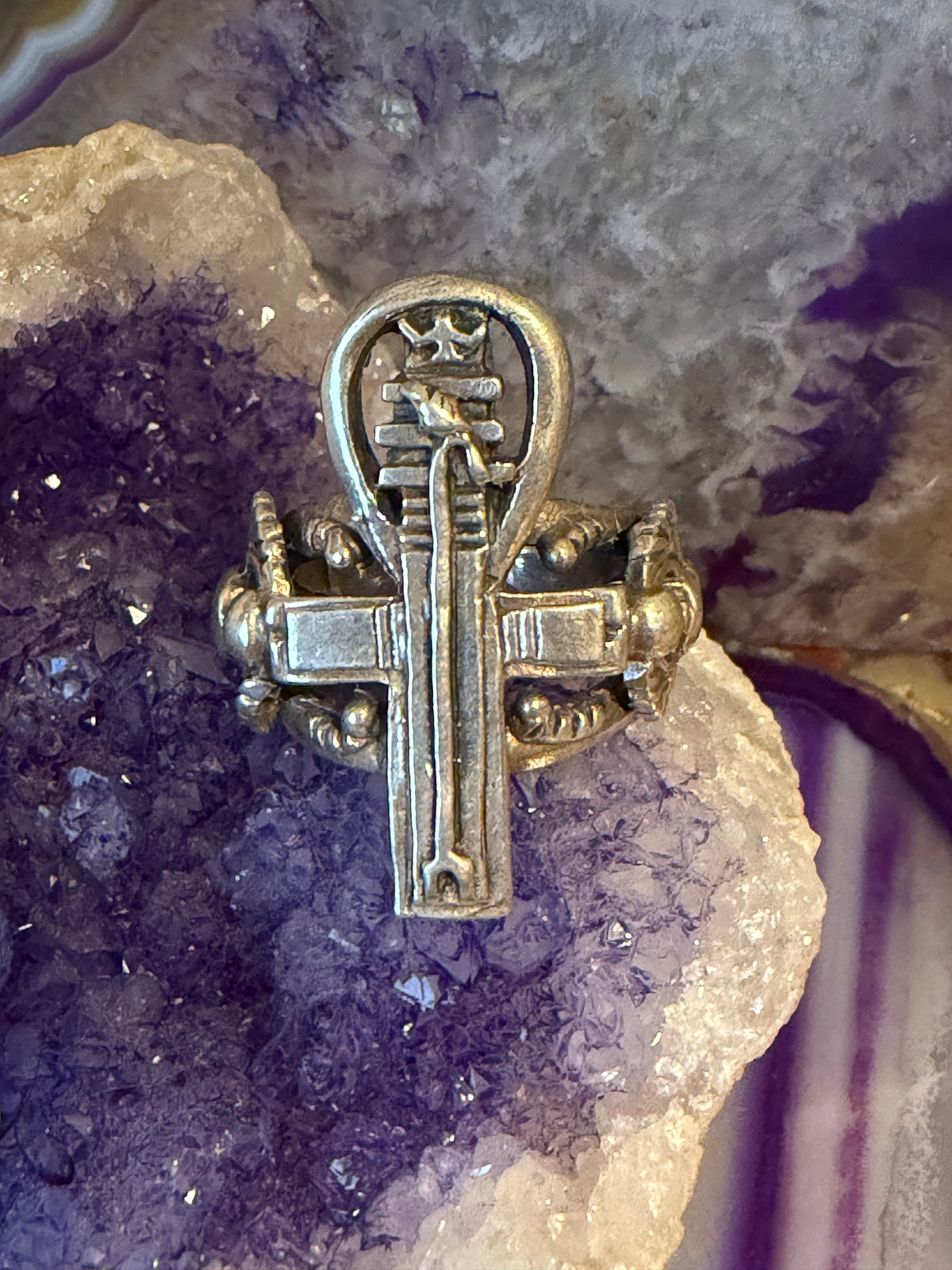 Vintage Sterling Silver Chunky Egyptian Symbols Ring Size 8