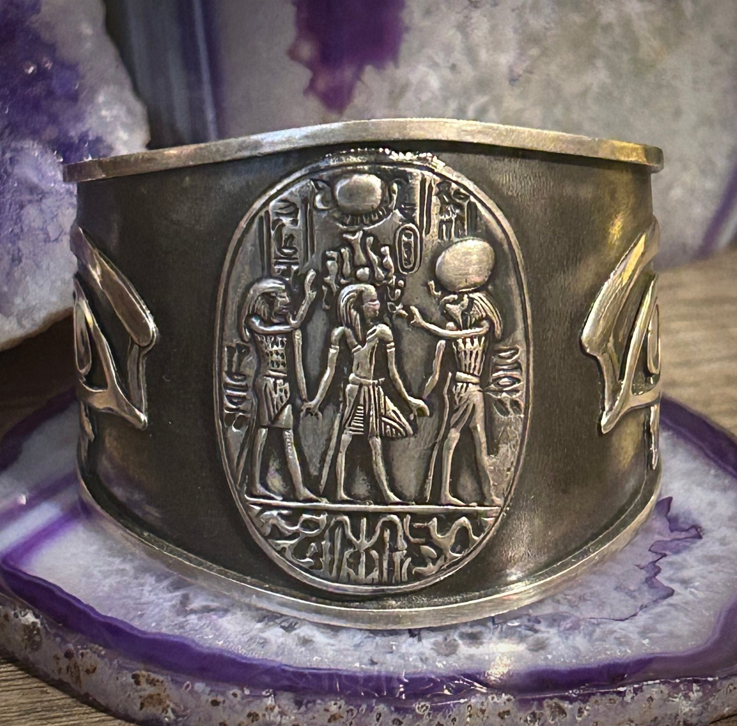 Sterling Silver Egyptian Crowning Of King Tut W/ Eye Of Horus Cuff Bracelet