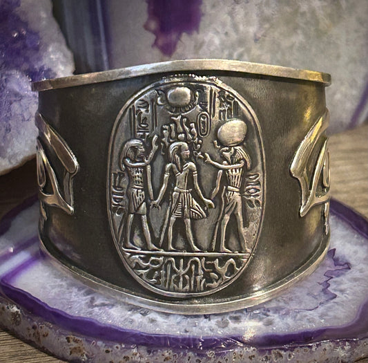 Sterling Silver Egyptian Crowning Of King Tut W/ Eye Of Horus Cuff Bracelet