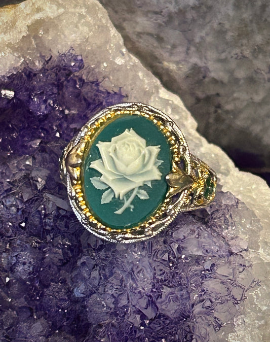 Vintage Sterling Silver Rose Cameo Green Onyx Ring Size 10
