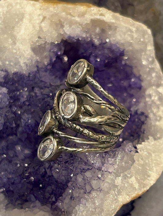 Vintage Sterling Silver Multi Stone CZ Abstract Brutalist Israel Ring Size 7