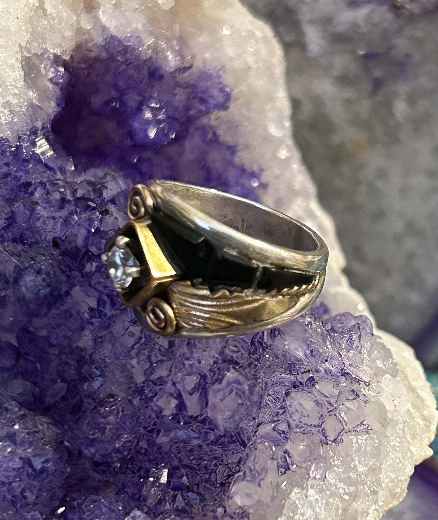 Sterling Silver S Ray Navajo Black Onyx & CZ Ring Size 4.25