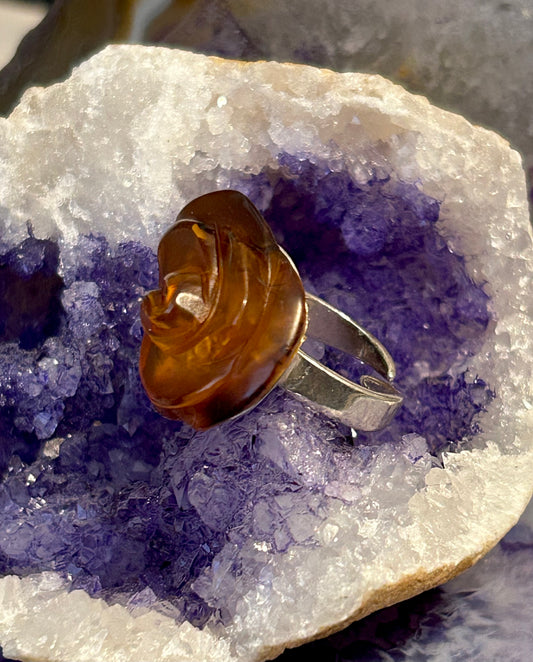 Sterling Silver Baltic Cognac Amber Carved Rose Adjustable Ring