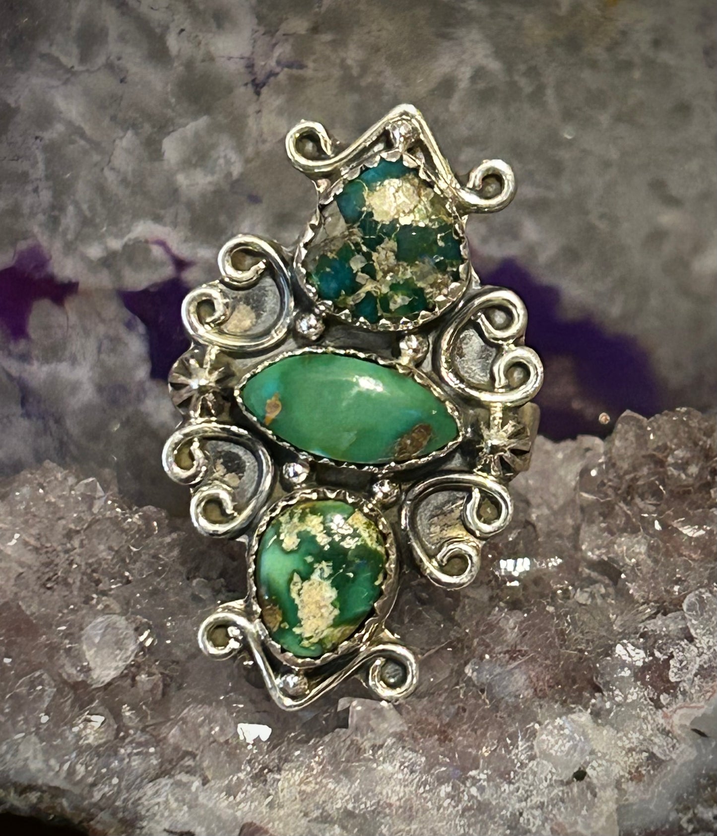 Sterling Silver Sonoran Gold Turquoise Three Stone Ring Adjustable