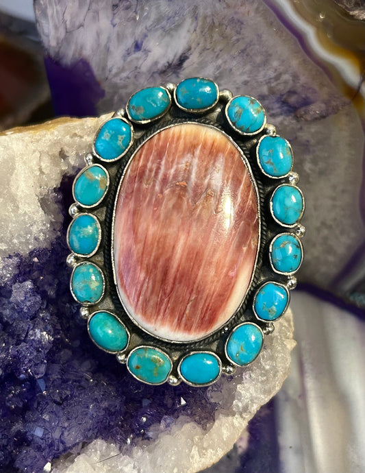 Sterling Silver Taxco Mexico Turquoise & Huge Statement Spiny Oyster W/ Flowers Ring