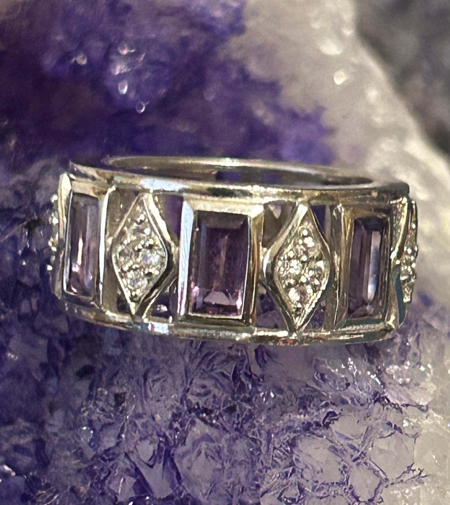 Sterling Silver “Feel Beautiful” Amethyst Cz & Clear Cz Eternity Band Ring Sz 6