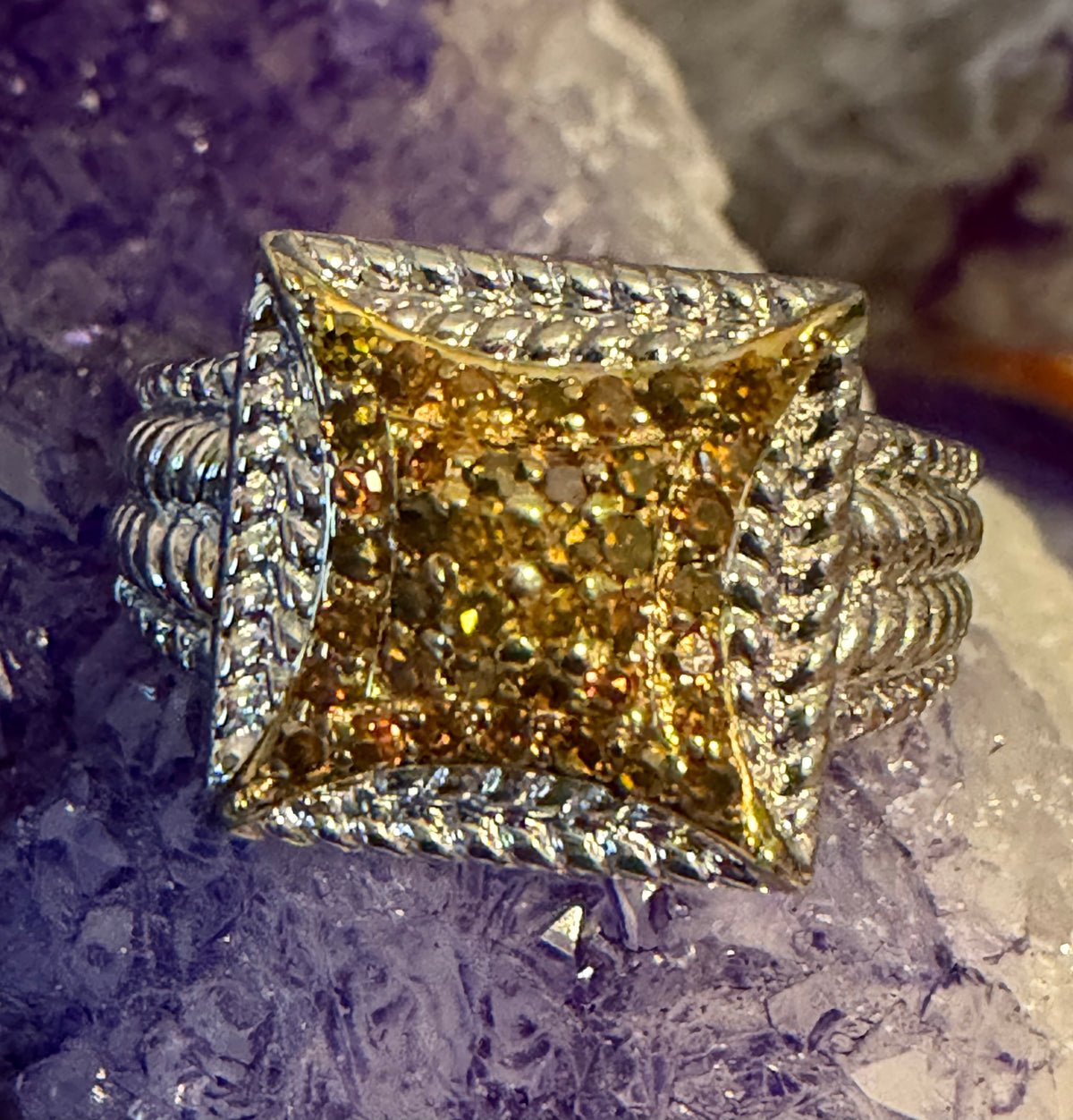 Sterling Silver 925 Genuine Orange Diamonds Ring w/ Rope Detailing Size 6