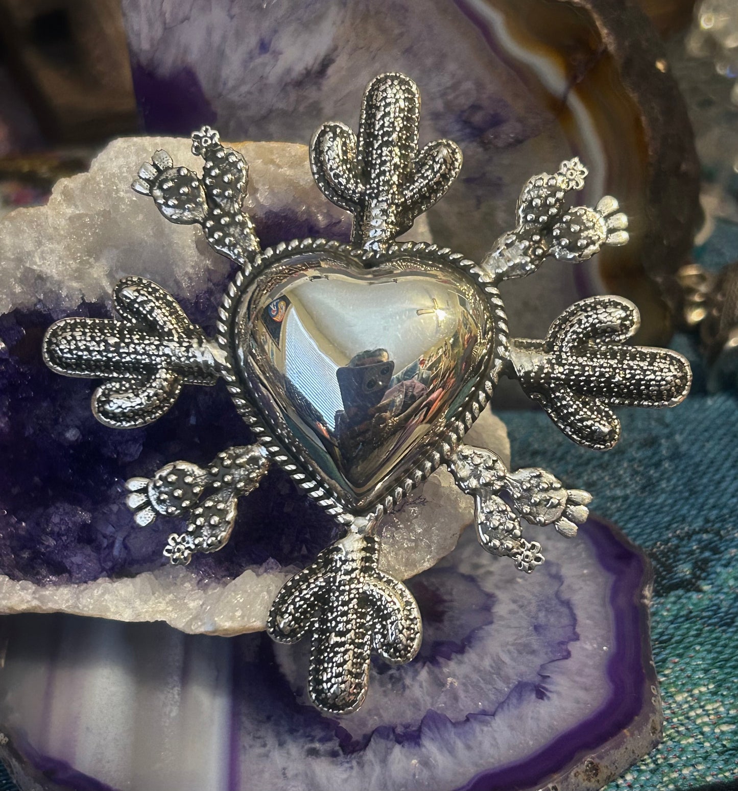 Sterling Silver Taxco Mexico Huge Statement Heart & Cactus Ring Adjustable