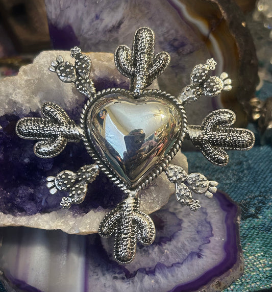 Sterling Silver Taxco Mexico Huge Statement Heart & Cactus Ring Adjustable