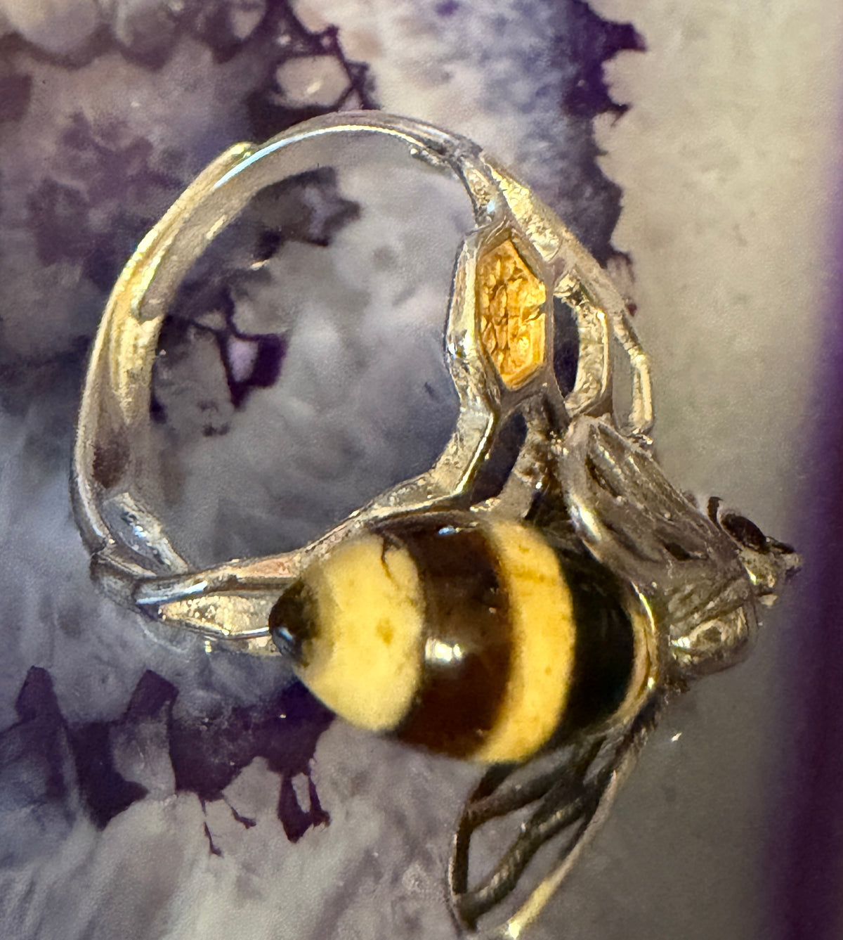 Sterling Silver & Genuine Amber Medium 3D Bee Adjustable Ring