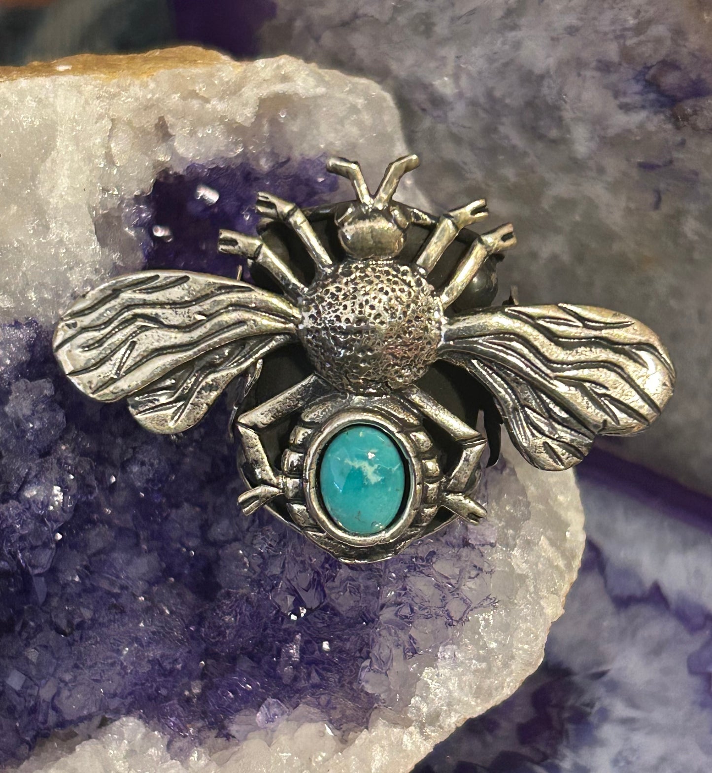 Sterling Silver Taxco Mexico Bee, Flowers & Turquoise Statement Ring Size 7-9
