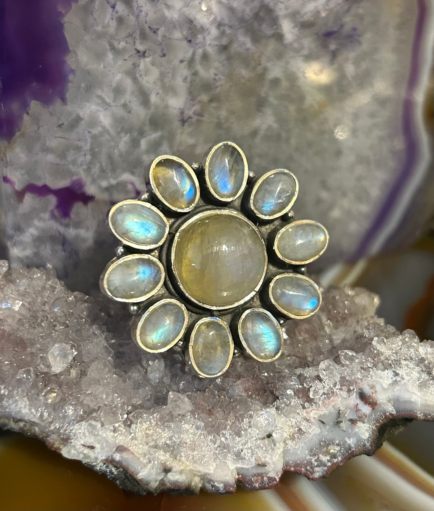 Sterling Silver Yellow Moonstone Round Circle Flower Ring Size 6.5
