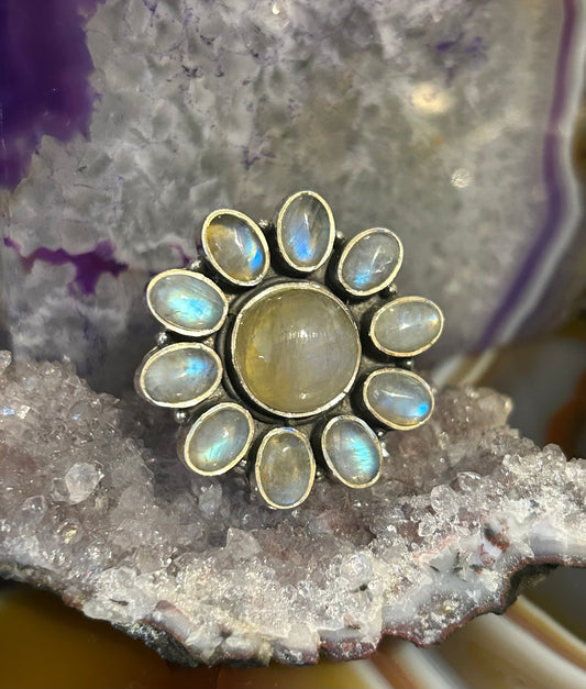 Sterling Silver Yellow Moonstone Round Circle Flower Ring Size 6.5