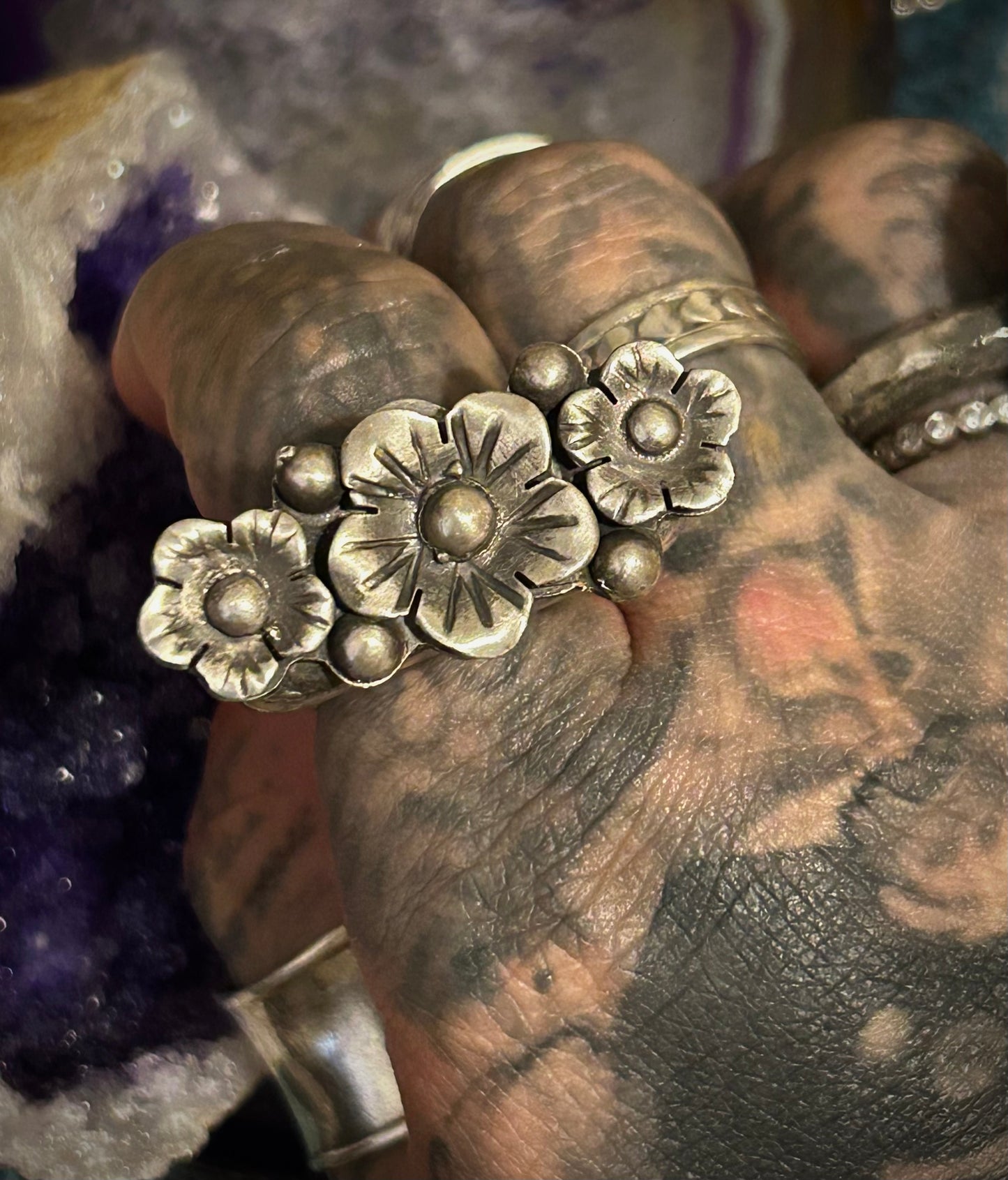 GUZ LOVE 1of1 Sterling Silver FLOWER BAR Ring • Size 5-6.5