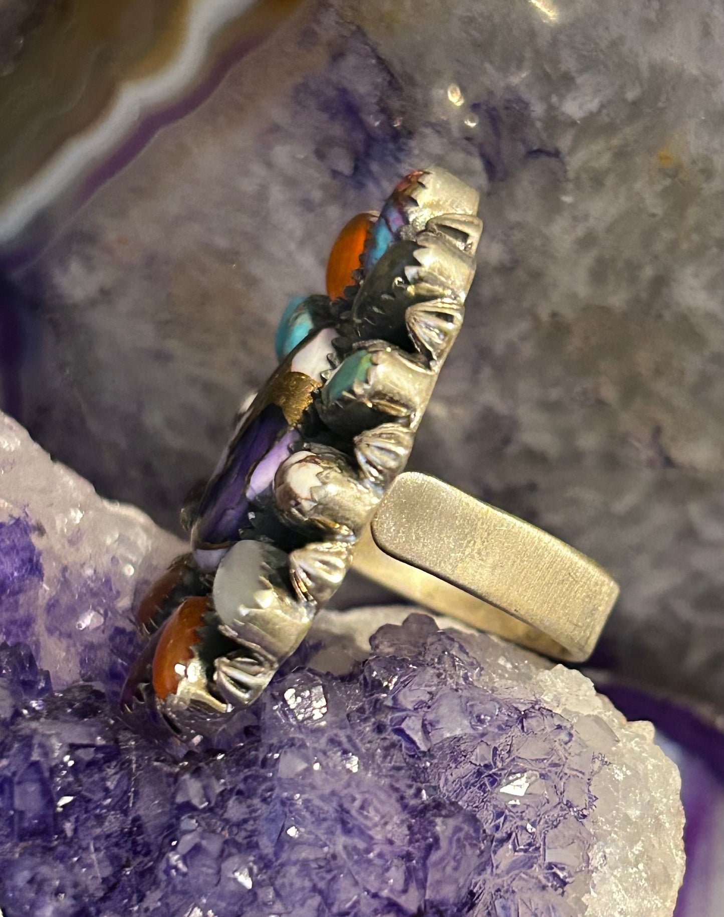 Sterling Silver Violet Dahlia Multi-stone Large Adjustable Ring
