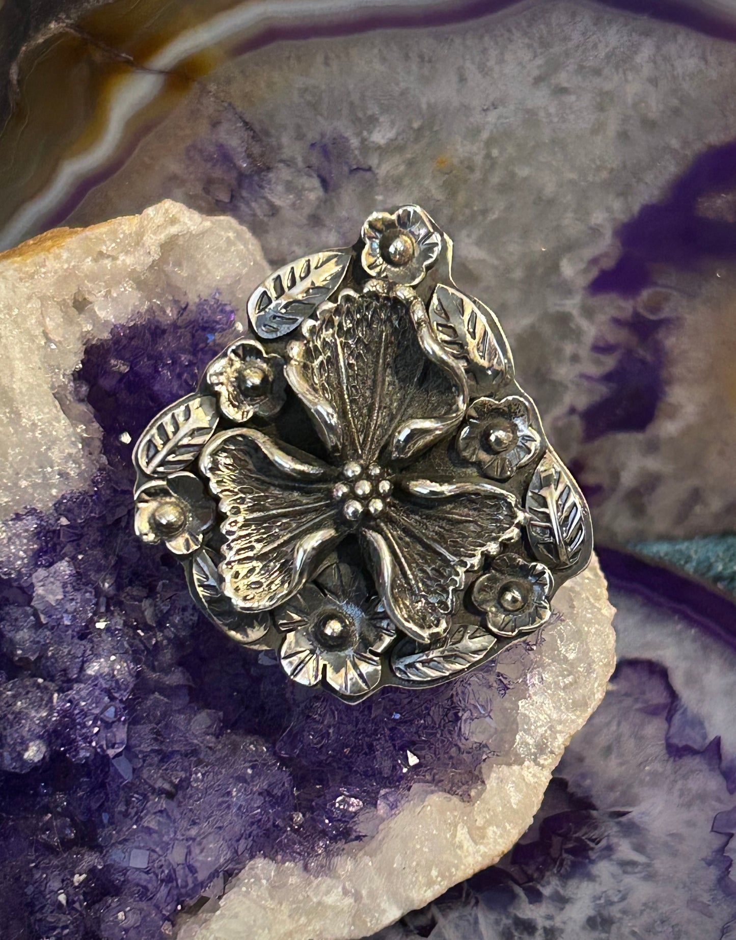 Sterling Silver Taxco Mexico Dogwood Blossom-like Flower Large Ring Size 7.5-9