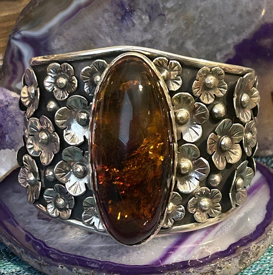 Sterling Silver Modern Taxco Mexico Statement Flowers & Baltic Amber Cuff Bracelet