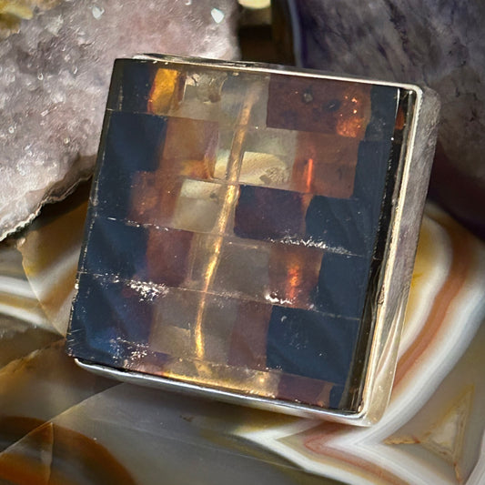 Sterling Silver & Genuine Amber Square Statement Ring • Adjustable