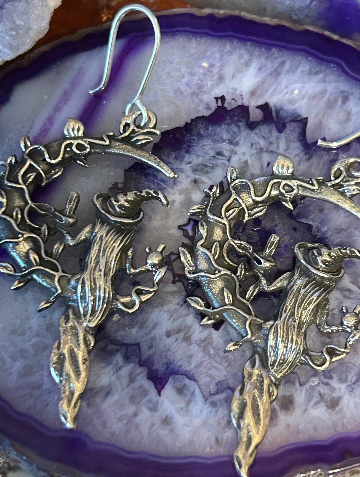 Sterling Silver Modern Taxco Mexico Large Witchy Moon Nature Dangle Earrings