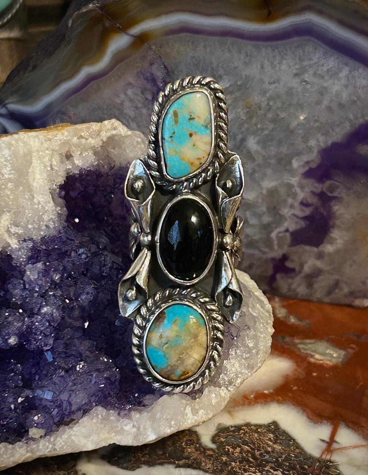 Sterling Silver Taxco Mexico Large Statement Ring w/ Turquoise & Onyx Sz 6.5-8.5