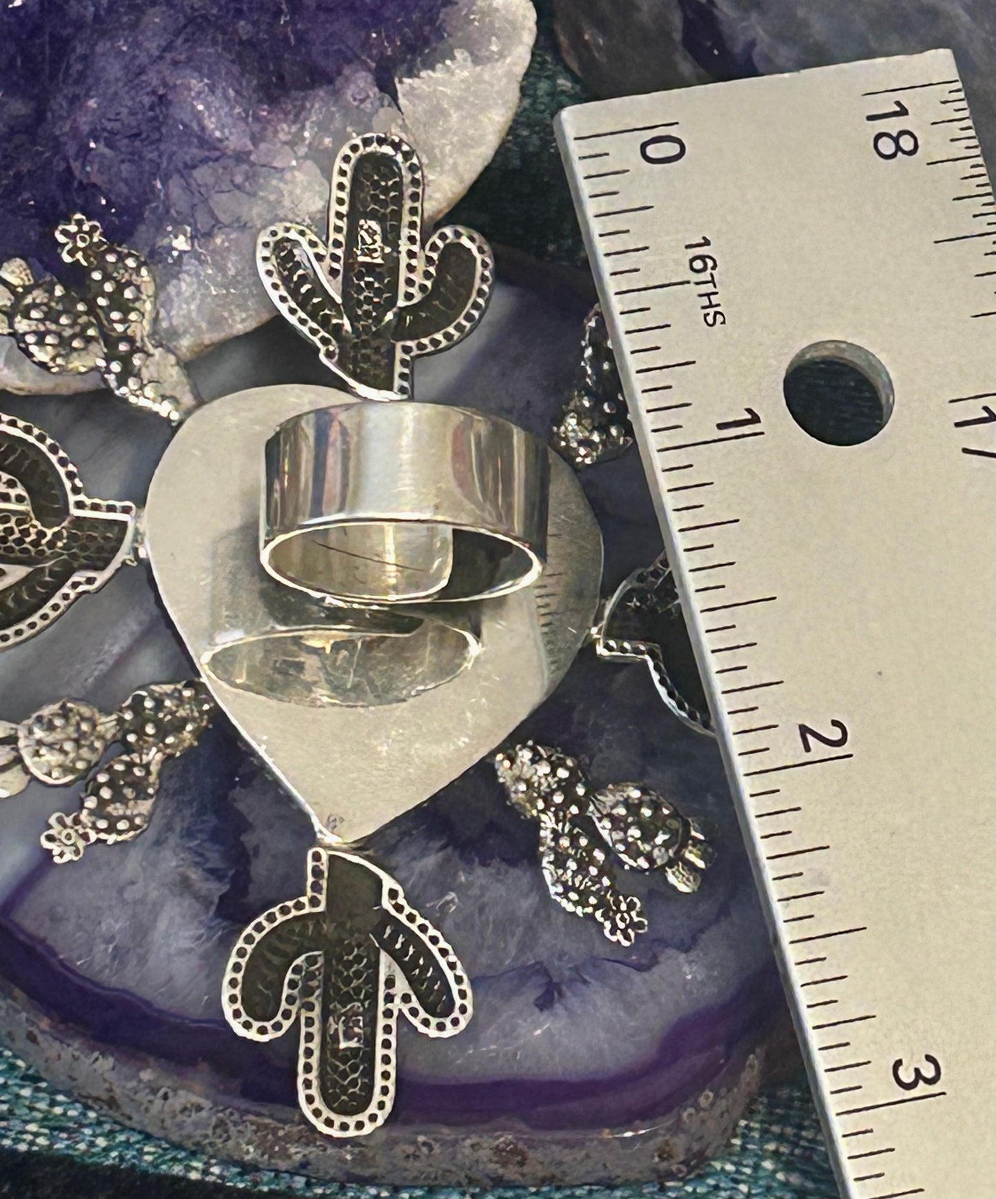 Sterling Silver Taxco Mexico Huge Statement Heart & Cactus Ring Adjustable