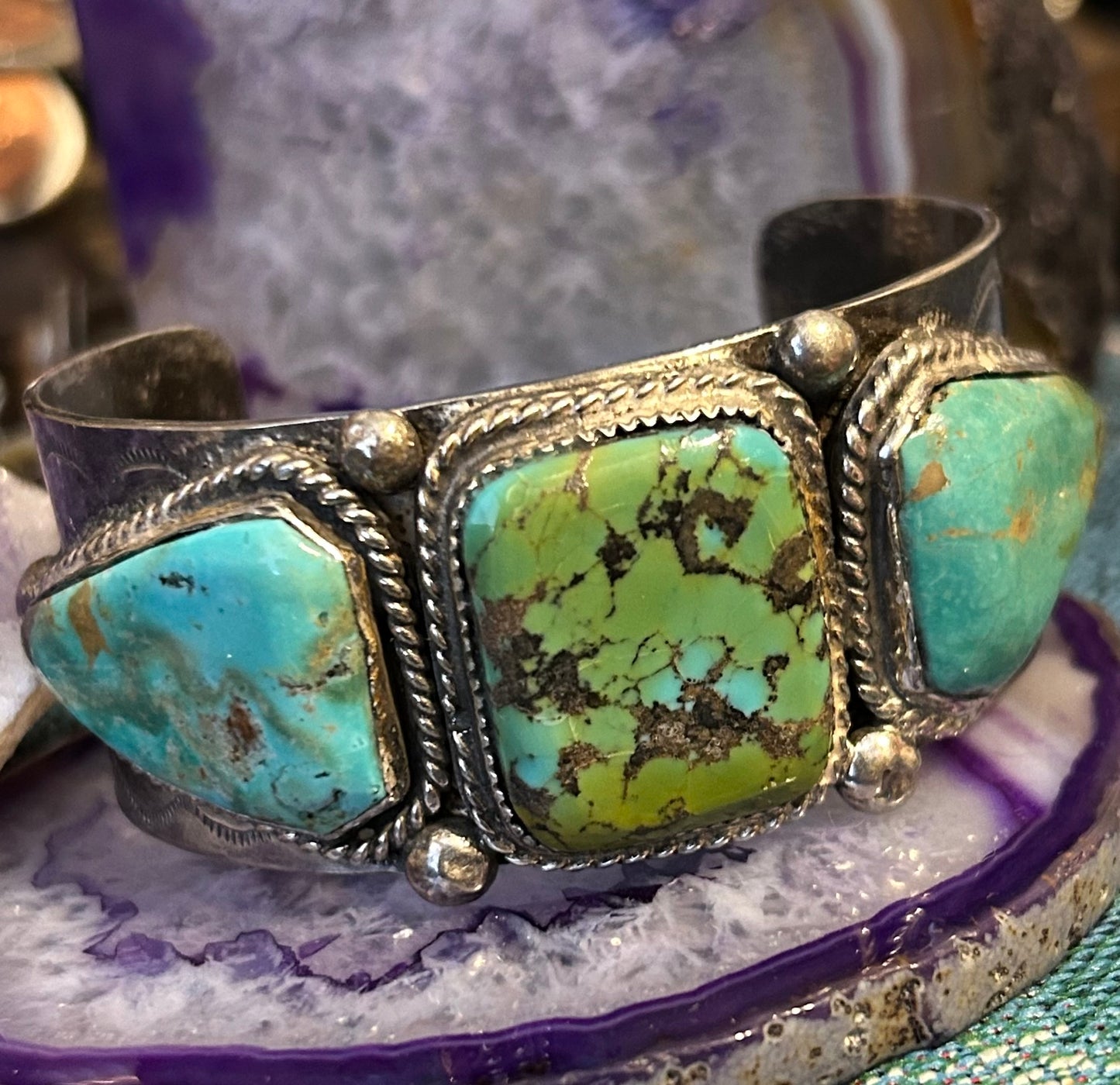 Vintage Sterling Silver Triple Stone Turquoise Statement Cuff Bracelet