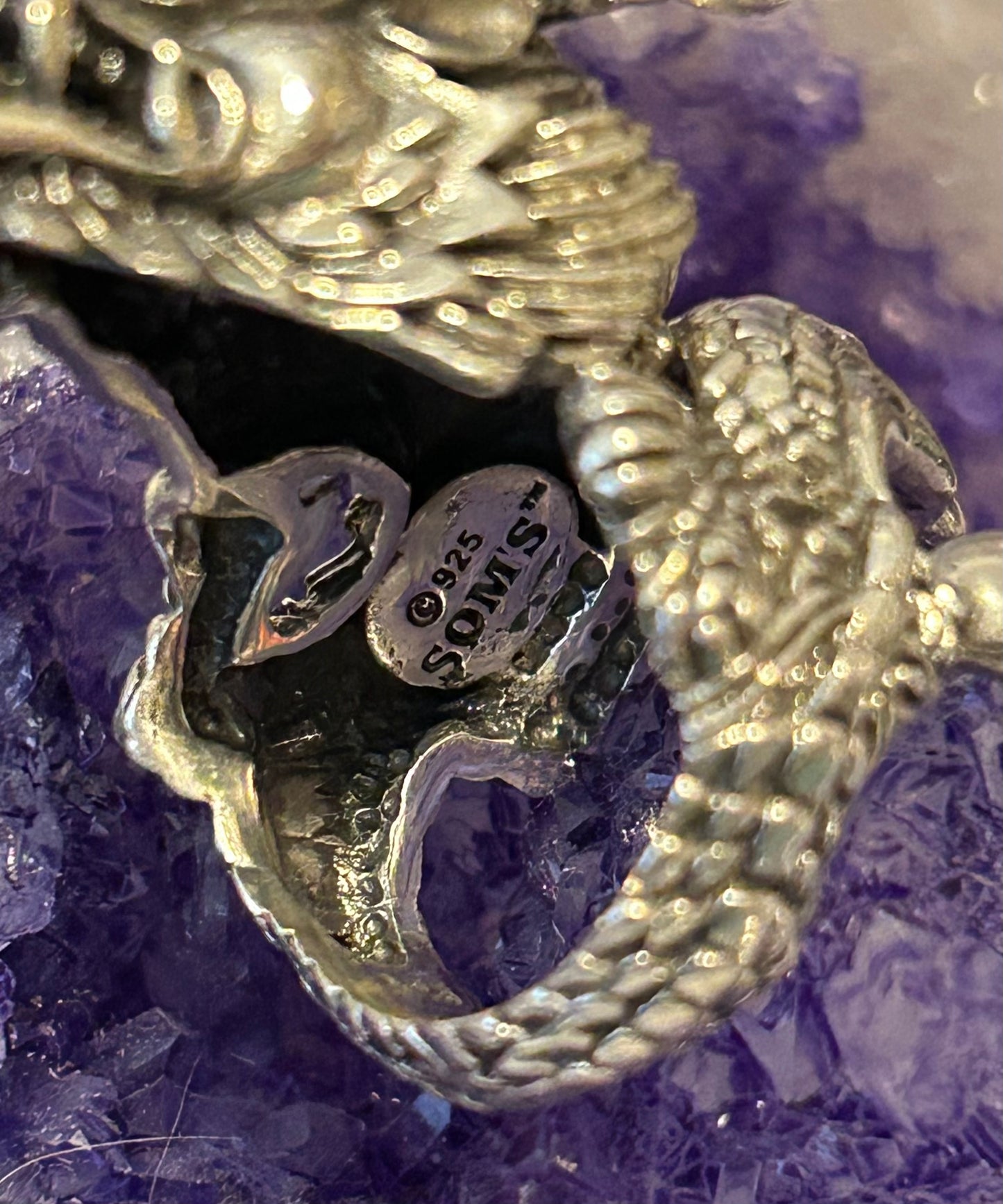 Sterling Silver Designer SOMS Statement Dragon Bypass Wrap Ring w/ Onyx Eyes