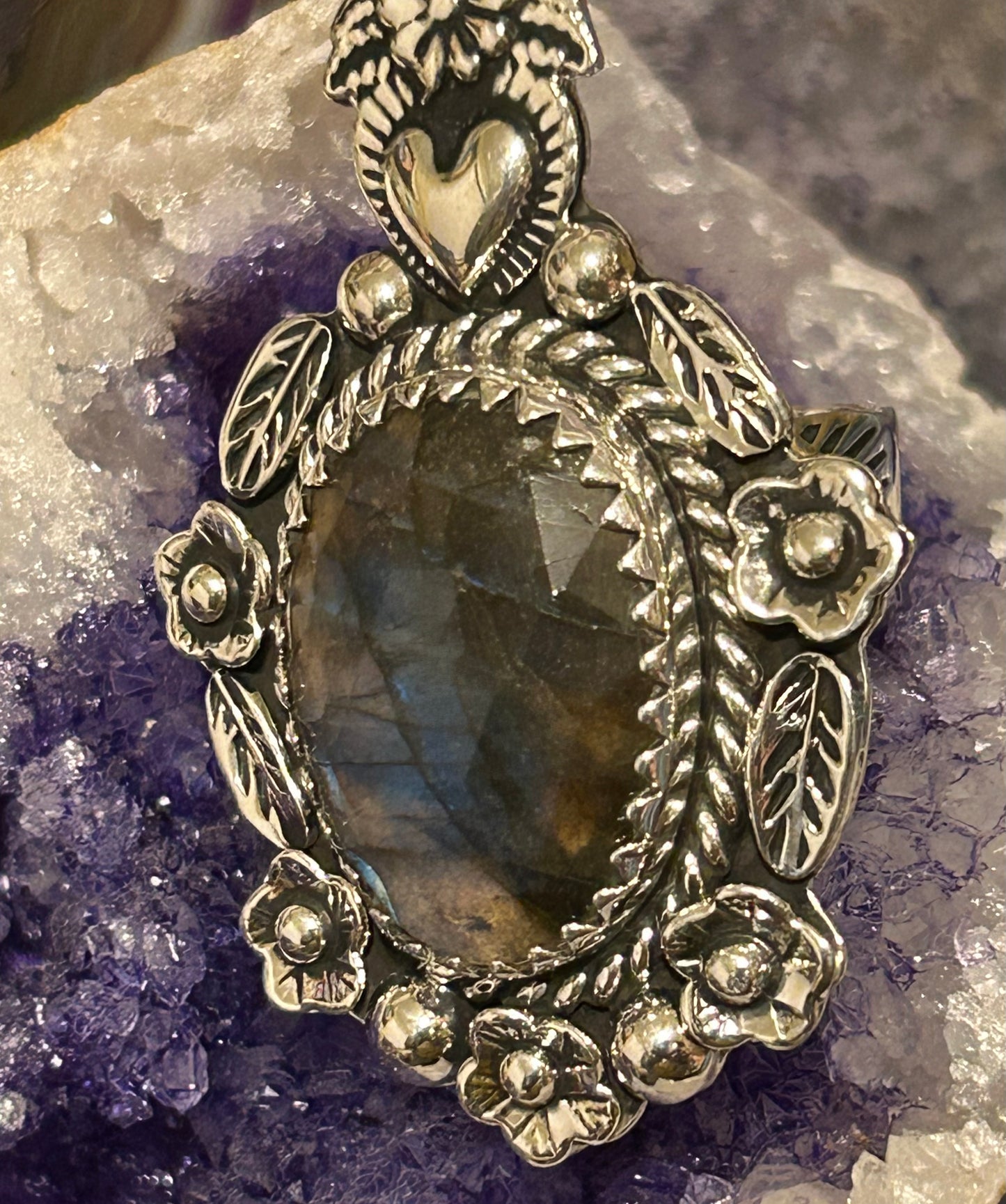 Sterling Silver Taxco Mexico Large Labradorite Flowers & Heart Statement Ring Adjustable