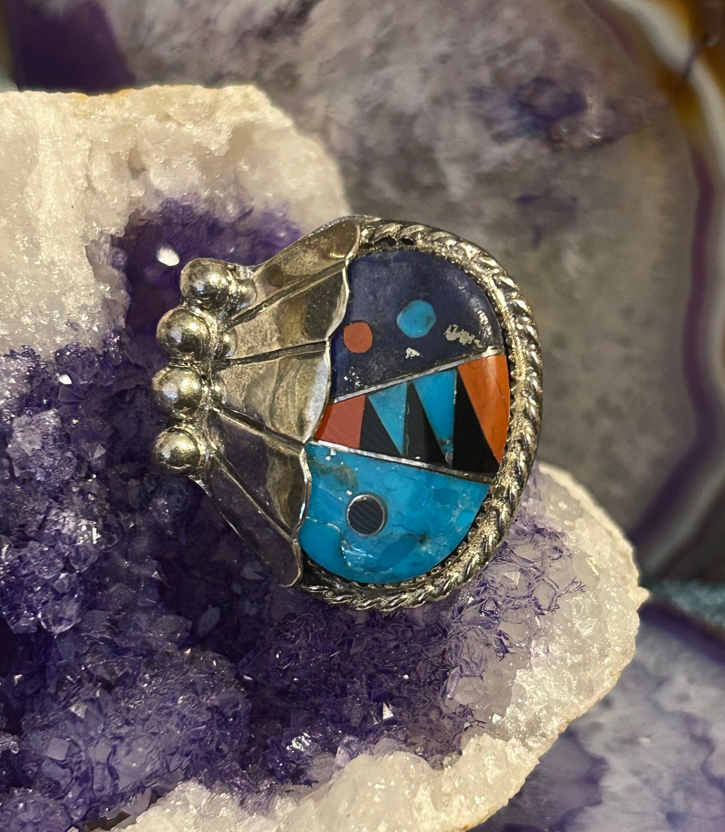 Vintage Sterling Silver Multi-stone Inlay Large Ring Size 9.5