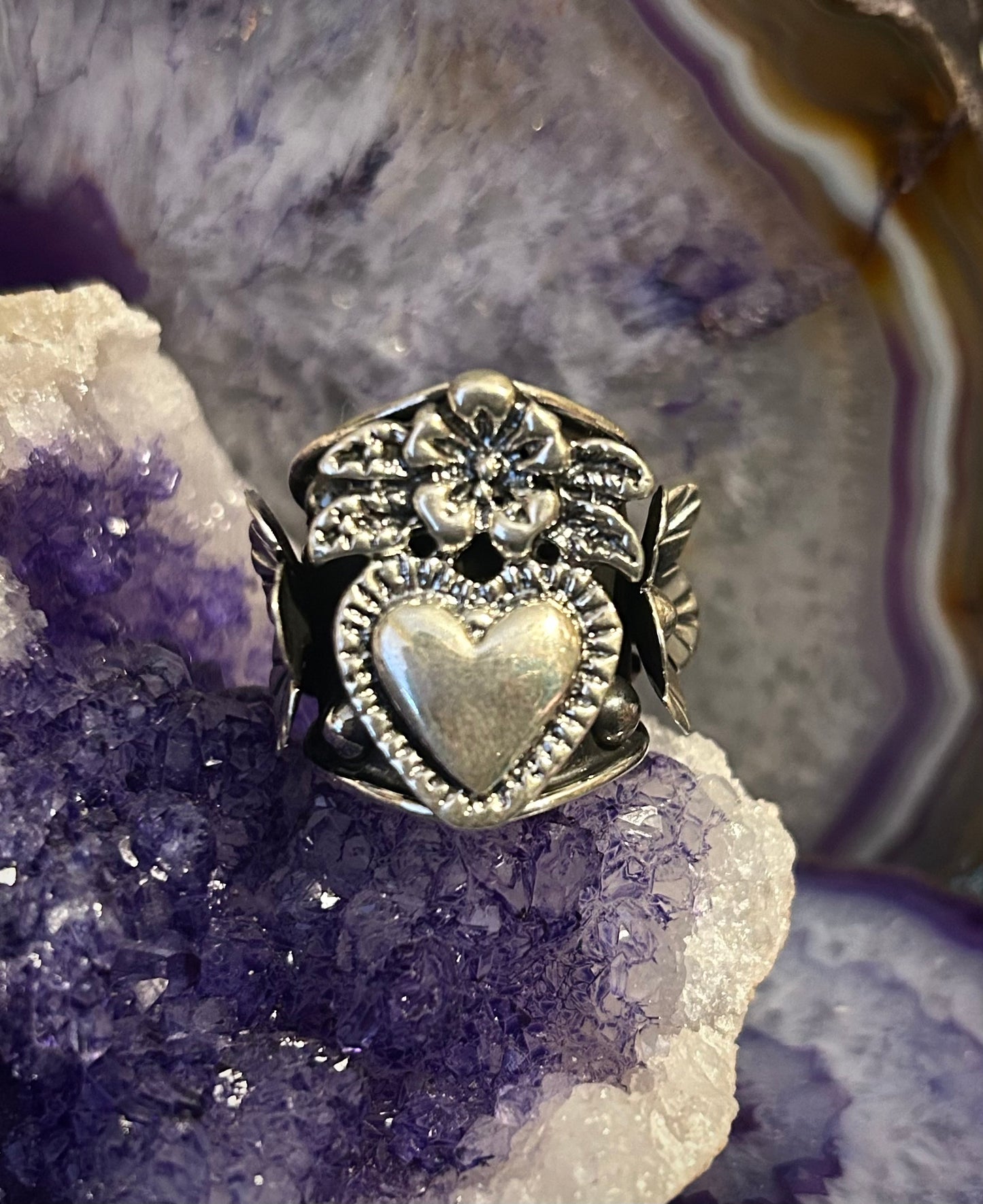 Sterling Silver Taxco Mexico Heart And Flower Wide Band Ring Size 6.75-8