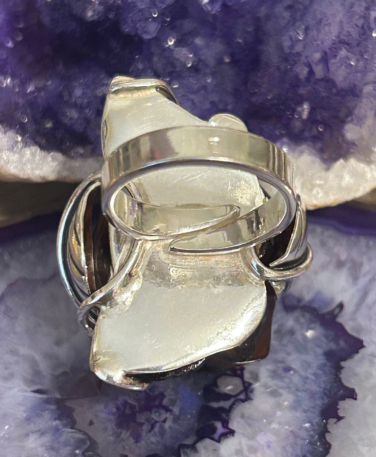 Sterling Silver Cherry Amber Big Rose Adjustable Ring