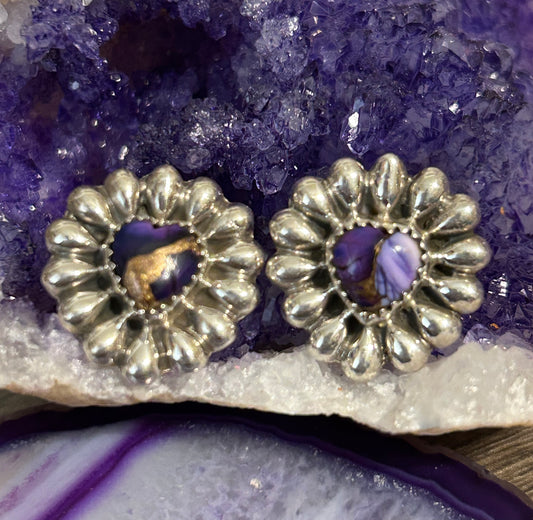 Southwestern Sterling Silver Violet Dahlia Turquoise Heart Earrings