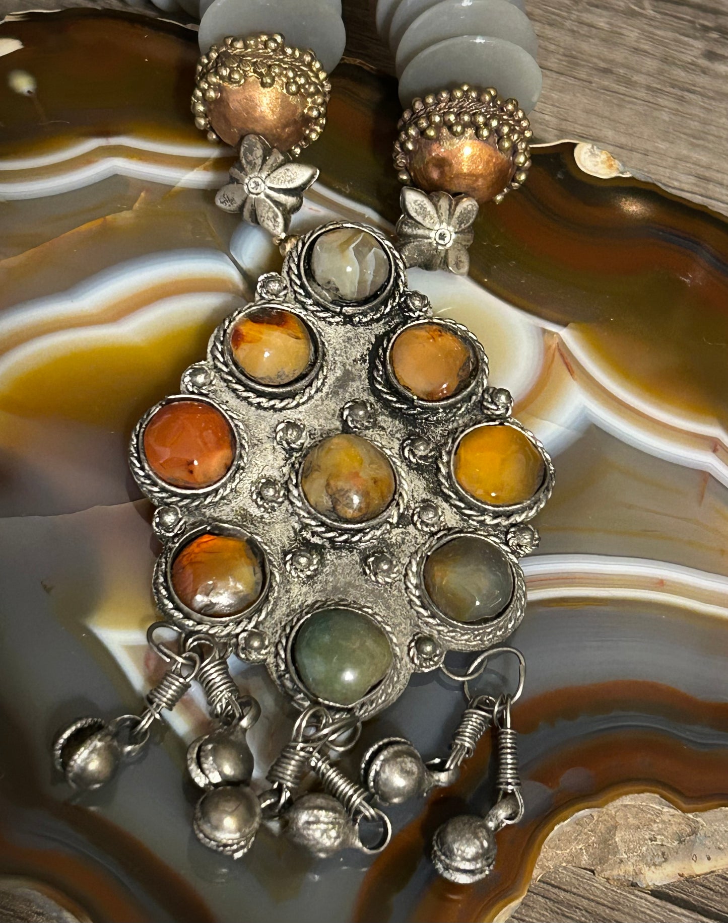 Vintage Rosemary G Ro-Do Beaded Necklace W/ Multi Stone Pendant