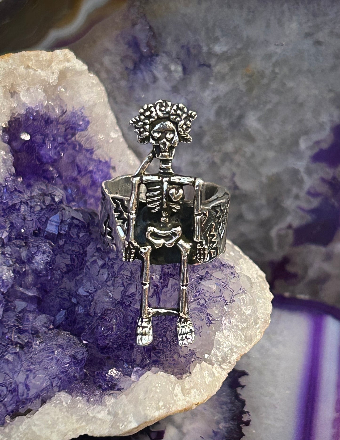 Sterling Silver Modern Taxco Mexico Catrina Skeleton Sugar Skull Ring Adjustable