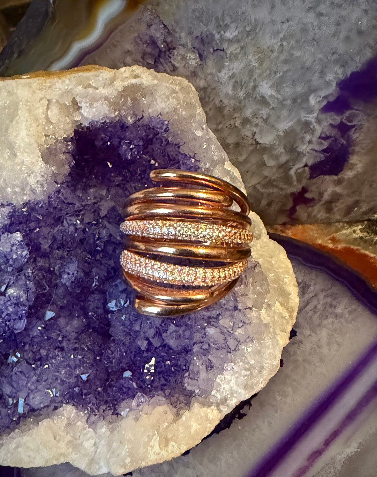 Rose Gold Plated Sterling Silver Modernist CZ Ring Size 7-8