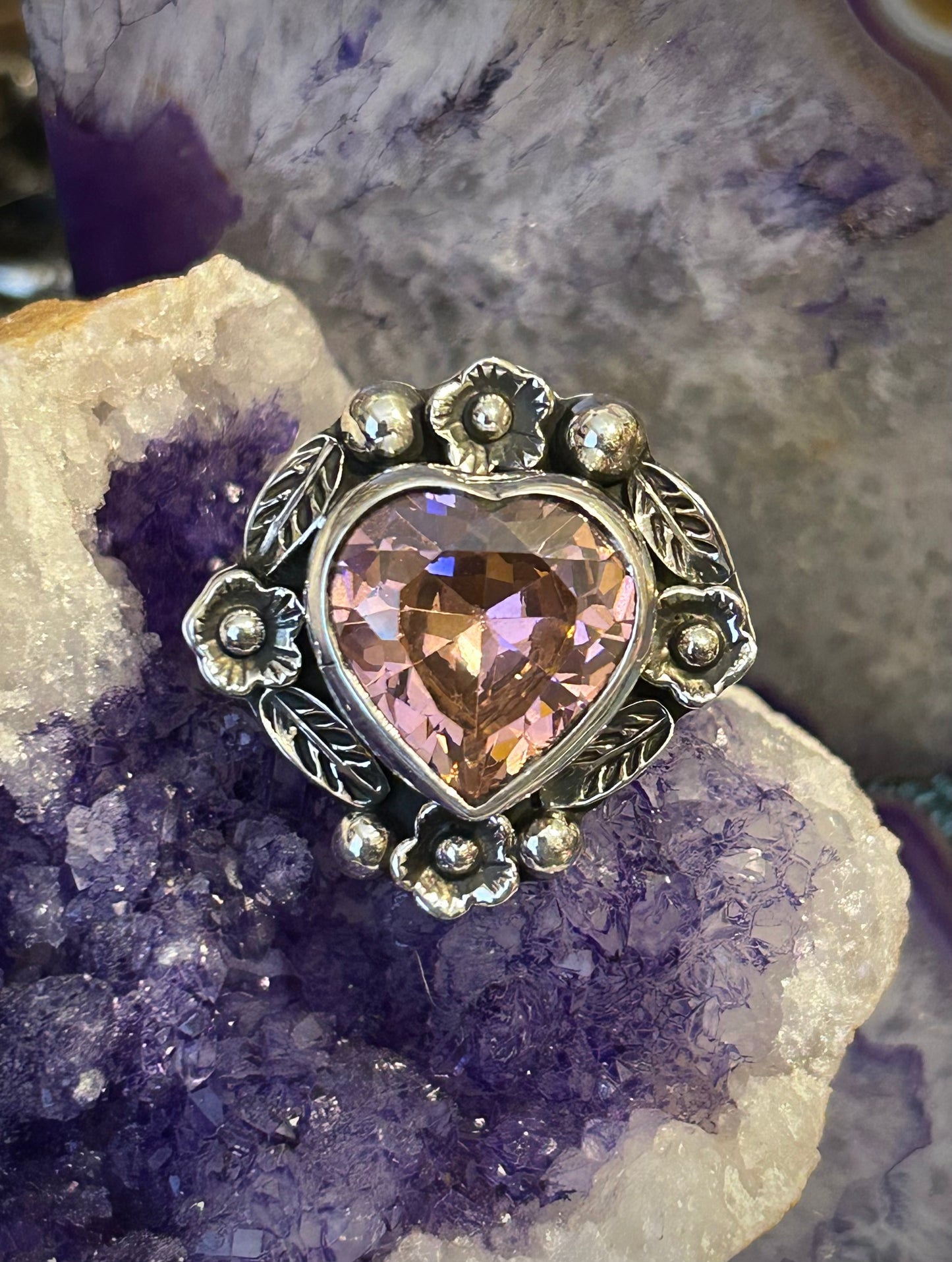 Taxco Mexico Sterling Silver Large Pink Zircon Heart & Flowers Ring Adjustable