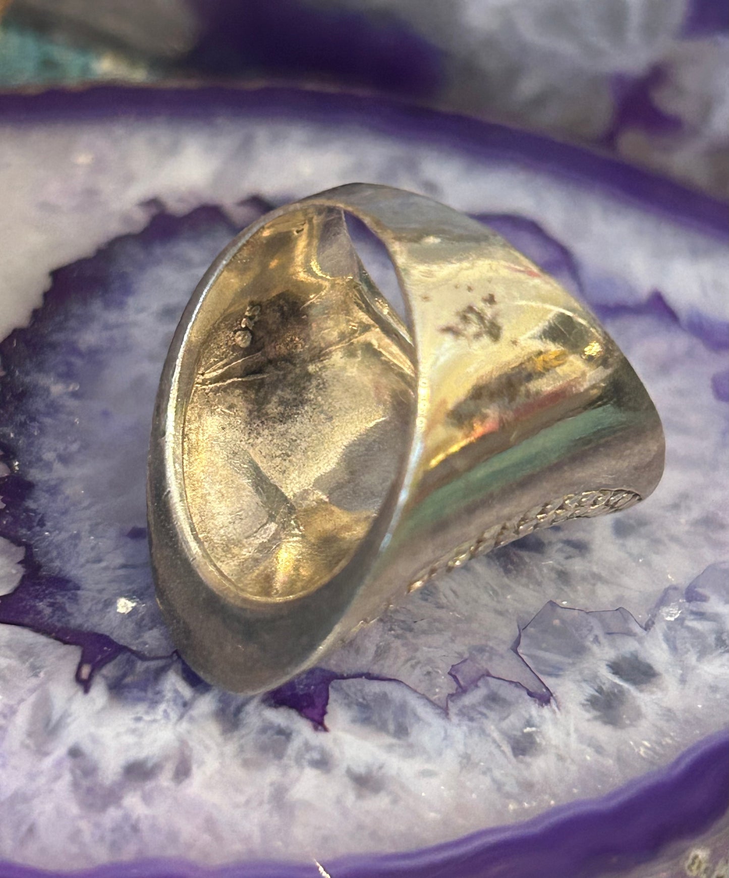 Vintage Sterling Silver Modernist Chunky Ring W/ Circle Pattern Size 8