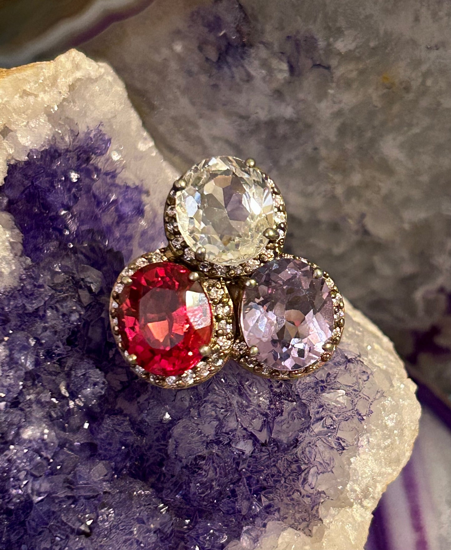 Sterling Silver w/ Gold Over & Genuine Ruby, Amethyst, White Topaz Ring Size 6