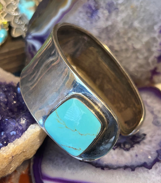Vintage Sterling Silver Taxco Mexico Asymmetrical Turquoise Cuff Bracelet