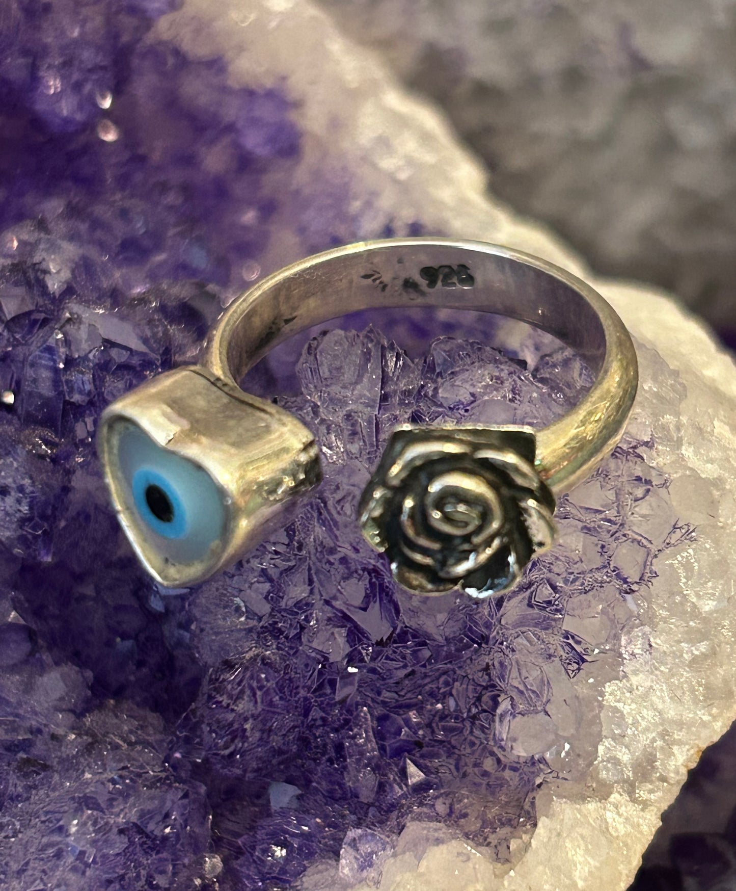 Sterling Silver Taxco Mexico All Seeing Eye Heart & Rose Bypass Ring Size 7-8.5