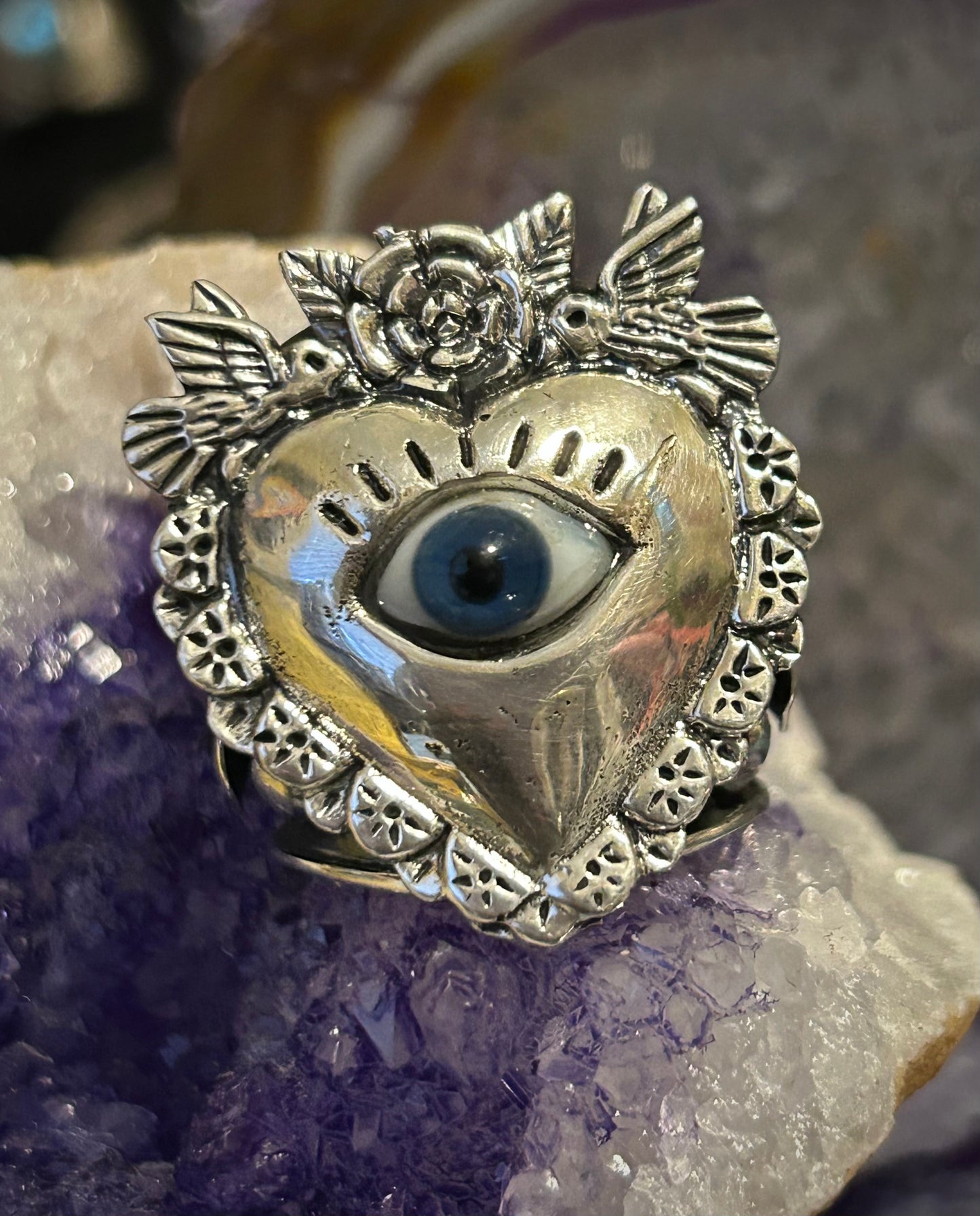 950 Silver Taxco Mexico Seeing Eye Heart W/ Rose And Birds Size 8-10